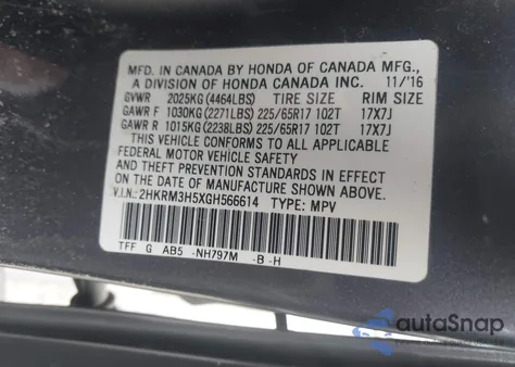 2016 Honda Cr-V Ex из США, поврежденный, VIN 2HKRM3H5XGH566614